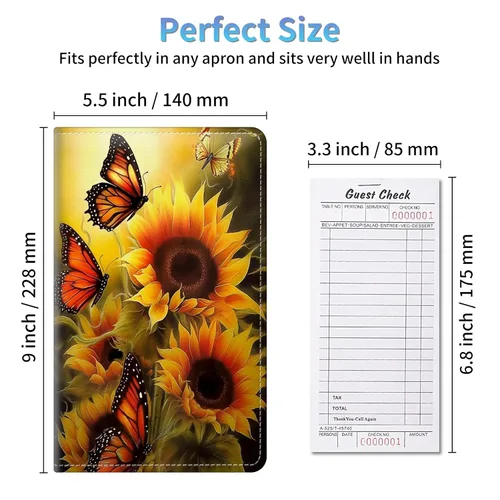 Miniatura 2 de Libros de servidor de girasol de mariposa dorada para camarera, cartera de cuero sintético con cierre de vendaje elástico, organizador con bolsillo