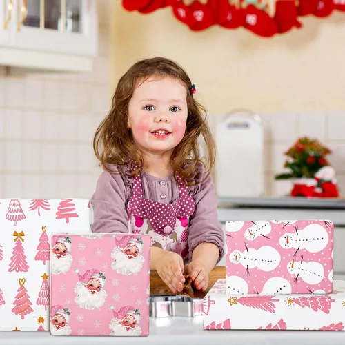 Miniatura 7 de AnyDesign 12 hojas de papel de regalo de Navidad rosa Santa muñeco de nieve copo de nieve estrella árbol papel de regalo plegado plano papel