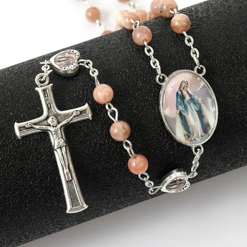 Miniatura 7 de Nazareth Store Cuentas de piedra natural con corazón de epoxi milagroso, cuentas de metal, collar de rosario, regalos cristianos de piedras preciosas