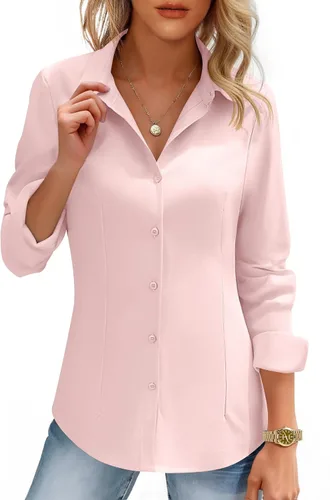 Miniatura 12 de HOTOUCH Camisas de mujer con botones de manga larga, camisa de vestir ajustada, blusas de trabajo, cuello, elegantes, casuales, de negocios