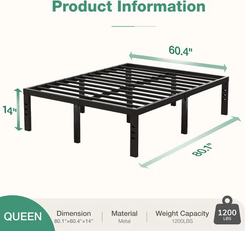 Miniatura 2 de Novilla Base de cama tamaño Queen, base de cama con plataforma de metal de 14 pulgadas tamaño Queen con espacio de almacenamiento debajo de la cama