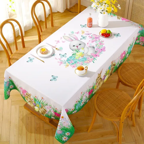 Miniatura 8 de SASTYBALE Mantel rectangular de Pascua de 52 x 70 pulgadas, resistente a las arrugas y a prueba de derrames, mantel de primavera, mantel de conejo