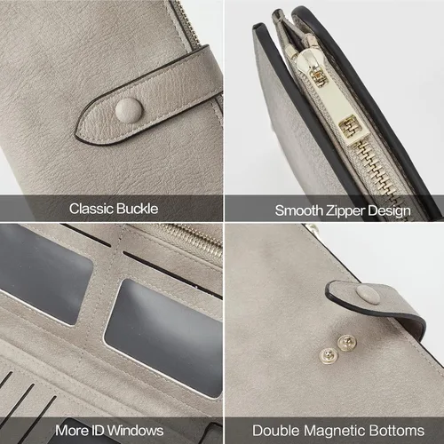 Miniatura 4 de Telena Billeteras de cuero para mujer con diseño de cartera de triple, para tarjetas de crédito, 6-RG-Gris, Vintage