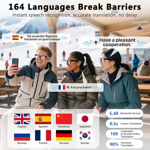 Miniatura 2 de Lentes inteligentes AI para hombres y mujeres, traductor en tiempo real 164 idiomas, reproducción de música y llamadas manos libres para uso diario
