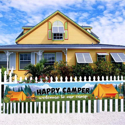 Miniatura 7 de Cartel de fondo de Happy Camper con 118.1 x 19.6 pulgadas, tela de poliéster de tamaño largo, letrero de telón de fondo para camping, suministros