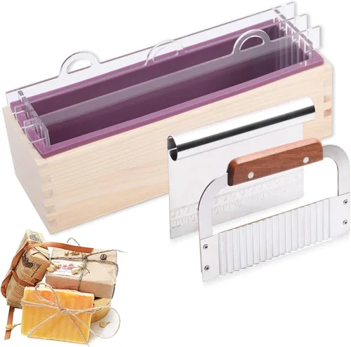 Kit de moldes de jabón de silicona, molde de jabón rectangular flexible de 42 onzas con caja de madera y tableros divisores acrílicos, cortador