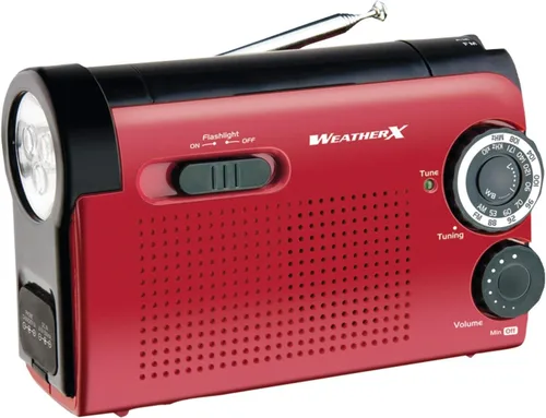 Radio AM/FM y banda del clima Weather X WR182R NOAA con linterna manual con manivela para alimentación con dinamo (rojo y negro).