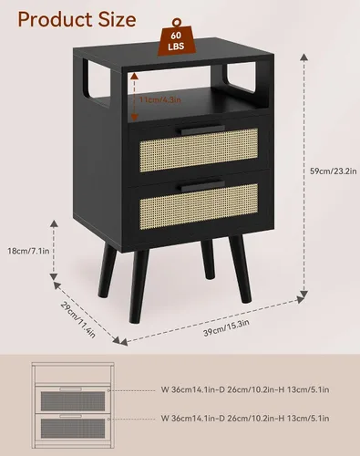 Miniatura 3 de YMYNY Juego de 2 mesitas de noche de ratán, mesa auxiliar bohemia con 2 cajones, estante abierto con diseño arqueado, patas de madera maciza, Negro
