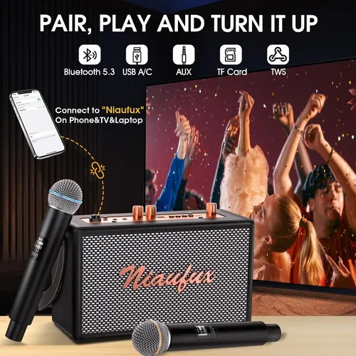 Miniatura 3 de Máquina de karaoke, altavoz de diseño retro con 2 micrófonos inalámbricos para adultos y niños, sistema de karaoke portátil para fiesta en casa