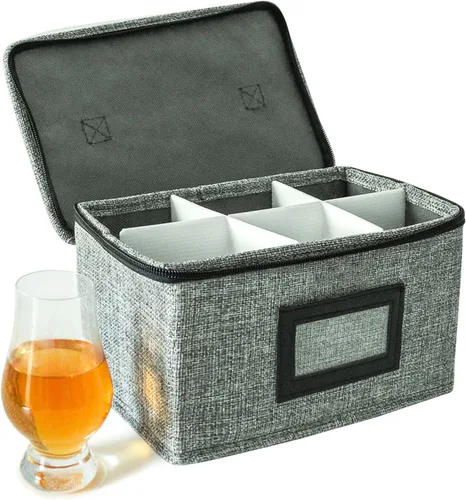 HURZMORO Caja de almacenamiento para vaso de whisky Glencairn, 6 soportes para vasos de whisky para organizador, interior totalmente acolchado con