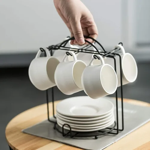 Miniatura 4 de Tazas de café expreso con platillos y soporte de metal, juego de 6 tazas de capuchino de 4 onzas, taza de té para fiesta de té, color blanco