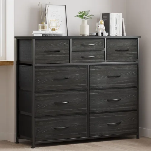 Miniatura 6 de LUMTOK - Cómoda de 10 cajones, cómodas de tela para dormitorio, pasillo, guardería, armarios, marco de acero, parte superior de madera, mango fácil