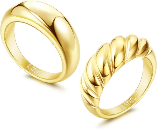 THUNARAZ Juego de 2 anillos gruesos de oro de 14 quilates para mujer, juego de anillos gruesos de cúpula para parejas, anillos de acero inoxidable