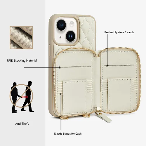 Miniatura 3 de LAMEEKU Funda tipo cartera diseñada para iPhone 14 con tarjetero y cadena cruzada para mujer, funda RFID a prueba de golpes, compatible con iPhone
