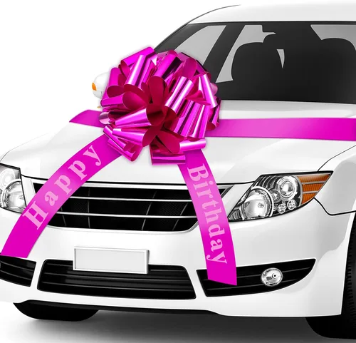 Miniatura 15 de Lazo Grande de Coche de Feliz Cumpleaños, Lazo Decorativo Grande para Envolver Regalos, Lazo Gigante con Cinta de Tirar para Decoración de Fiestas