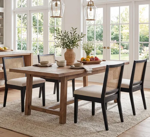 Miniatura 6 de HNY Juego de 2 sillas de comedor de ratán estilo granja, marco de madera maciza negra, asiento tapizado de lino, sillas de comedor ergonómicas