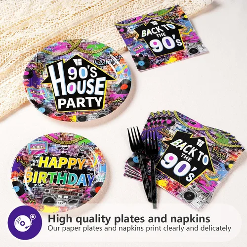 Miniatura 4 de 96 piezas de suministros desechables para fiesta de los 90 de estilo casa, platos de papel y servilletas de fiesta de los 90 con grafiti retro