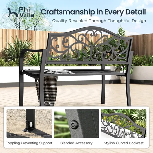 Miniatura 8 de PHI VILLA Banco de jardín al aire libre con marco de acero fundido de 43 pulgadas, muebles de patio con respaldo de diseño floral, asiento