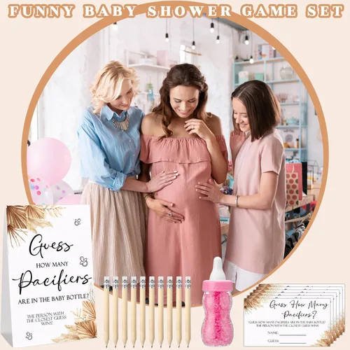 Miniatura 6 de Roowest 512 piezas de juegos de baby shower Adivina cuántos chupetes signo 100 pequeños juegos de adivinanzas, 10 lápices HB, botella de leche