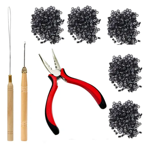Kit de herramientas de extensiones de cabello, accesorios profesionales de peluquería, 500 piezas de cuentas de micro anillo, 1 alicates de Negro
