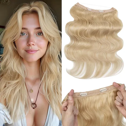 Miniatura 30 de Extensiones de cabello en aureola de cabello humano real, Extensión de cabello Halo 100% cabello humano, Extensiones de cabello con alambre, Lacio