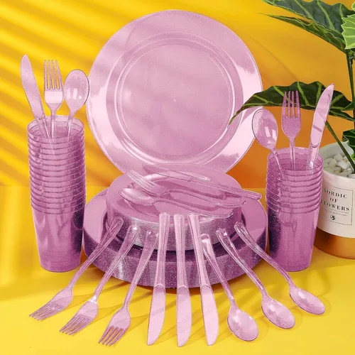 Miniatura 3 de Caja combinada de cubiertos de plástico Purpurina de oro rosa Paquete de 48