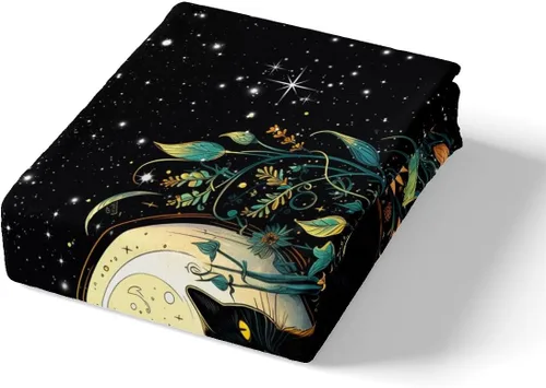 Miniatura 5 de Juego de funda de edredón para niños con diseño de gato lindo, tamaño individual, juego de ropa de cama con hojas de flores, luna, noche y cielo