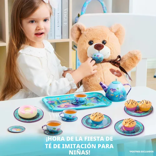 Miniatura 4 de JOYIN Juego de fiesta de té de sirena para niñas pequeñas, juego de tetera de hojalata, juguete de cocina con tetera, tazas, platos, estuche