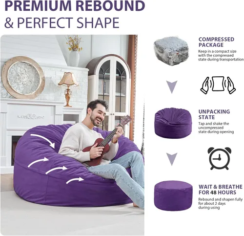 Miniatura 360 de Puf de 5 pies, puf grande con relleno de espuma viscoelástica, sofá puff esponjoso con funda de terciopelo holandés, puf redondo para sala de estar