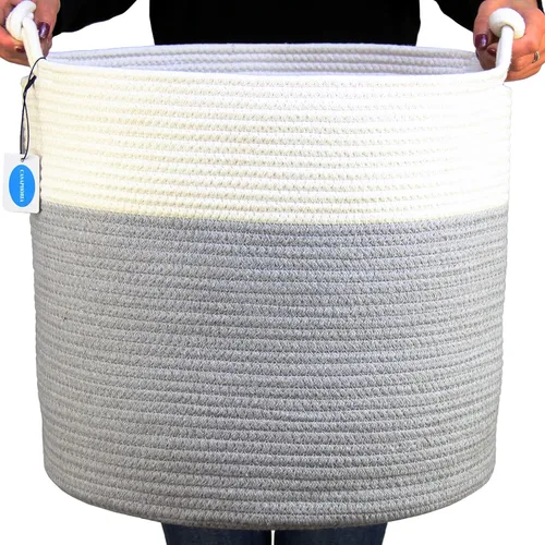 Casaphoria Cesta de cuerda de algodón tejida con asa para dormitorio, cesta de almacenamiento redonda para baño, canasta grande para manta para sala