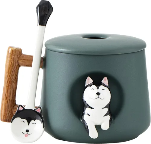 DIHOclub Taza de café de cerámica con tapa y cuchara a juego, taza novedosa 3D con patrón de Husky para té, leche, chocolate, jugo, taza linda para