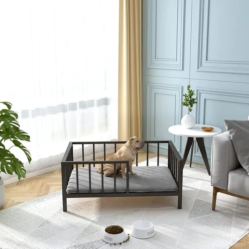 Miniatura 8 de OSCHF Cama para perros con rieles, marco de cama elevado de metal para mascotas con tablero de madera maciza y tapete suave lavable para perros Negro