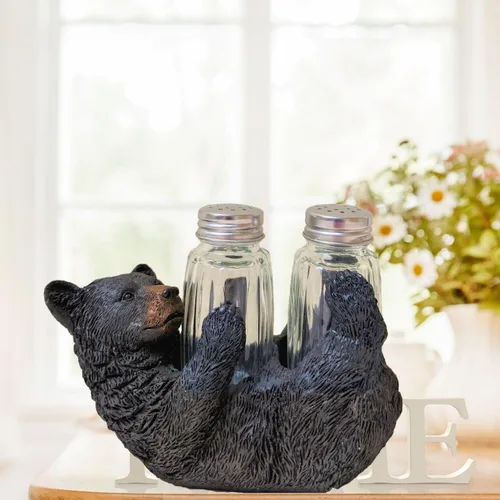 Miniatura 6 de Juego de saleros y pimenteros rústicos de oso negro en la parte posterior, accesorio decorativo de resina y vidrio para mesa de cocina, decoración