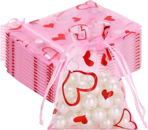 Miniatura 12 de G2PLUS - Bolsas de organza de corazón, 50 bolsas de regalo con cordón transparente de 4 x 6 pulgadas Pink Mesh Bags with Gold Foil Hearts for