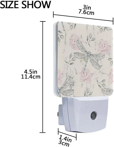 Miniatura 4 de Lámpara de noche LED enchufable con sensor de luz, libélulas florales grungy, luz blanca, paquete de 2 unidades, para pasillo, baño, dormitorio