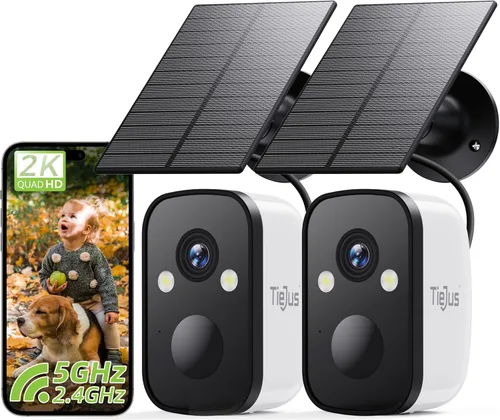 Cámaras de seguridad solar 2K 5G inalámbricas para exteriores, paquete de 2, cámaras inalámbricas para el hogar con visión nocturna a todo color, 2