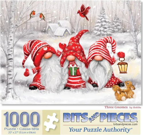 Miniatura 9 de Bits and Pieces Rompecabezas grande de 300 piezas para adultos - Tres gnomos - Rompecabezas de Navidad de invierno por el artista Makiko
