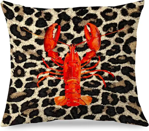 Miniatura 22 de Fundas de almohada costeras de langosta, fundas de almohada náuticas de langosta roja de Nueva Inglaterra con rayas azules y blancas para casa