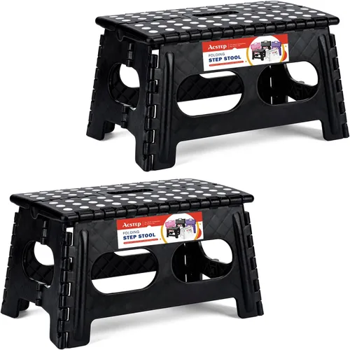 Miniatura 17 de ACSTEP Taburete plegable para adultos de 11 pulgadas de altura, taburete de plástico ligero plegable con capacidad de hasta 300 lbs, taburete Negro