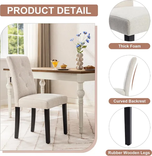 Miniatura 6 de VECELO Juego de 2 sillas de comedor tapizadas, tela moderna y patas de madera maciza y respaldo alto para cocina/sala de estar, color beige