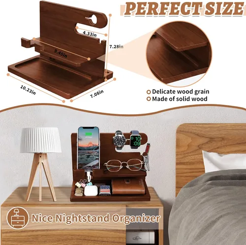 Miniatura 5 de Estación de carga de teléfono de madera - Organizador de carga de mesita de noche y soporte para teléfono celular - Regalo de cabecera para hombres