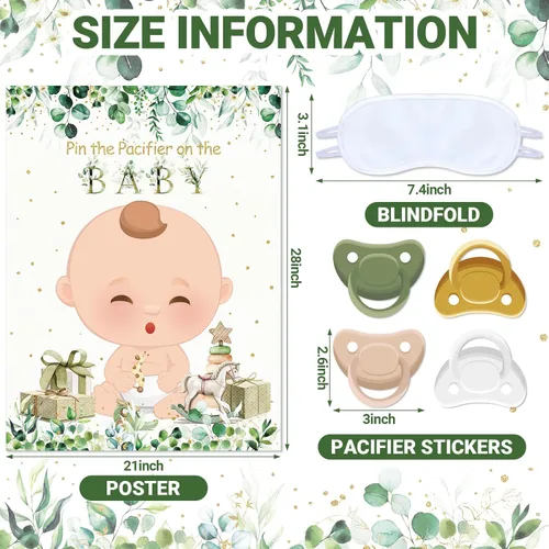 Miniatura 2 de Faccito Juego pon el chupón del baby shower Decoraciones para fiesta de baby shower Incluye póster grande 24 pegatinas de chupetes Juego con vendas