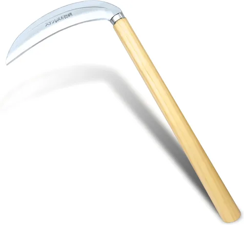 Miniatura 8 de Hoz de hierba japonesa azada de deshierbe herramienta de mano para jardín, acero de alta resistencia con mango de madera maciza (gris)