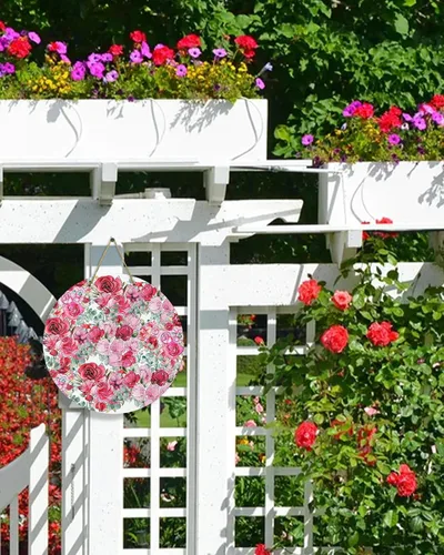 Miniatura 2 de Seasonal Front Door Welcome Sign, Valentine's Day Red Pink Rose Flower Green Leaves Round Wood Wreaths Wall Hanging Sign for Outdoor Porch Wall