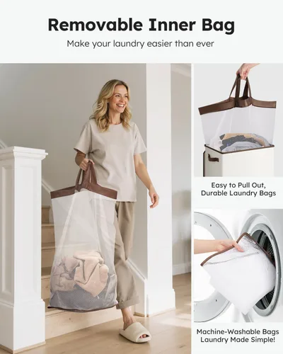 Miniatura 5 de SOLEDI Cesta de ropa con tapa, 100 L XL, cesta grande para la ropa sucia con bolsa removible, cestas de lavandería plegables, almacenamiento
