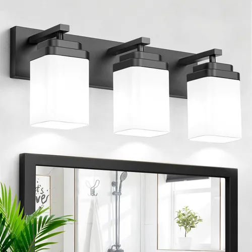 Miniatura 18 de Lámparas de baño de oro cepillado, 4 luces de baño sobre el espejo, diseño cuadrado y placa trasera grande rectangular, accesorios de iluminación