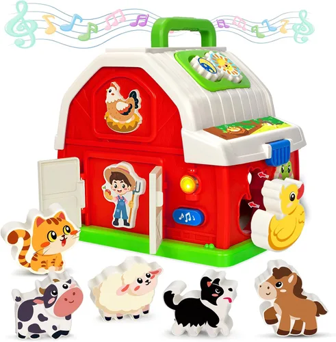 Montessori - Juguetes para niños y niñas de 1, 2, 3 años, animales de granja musicales, juguete de granero con sonido y luz, juguetes de aprendizaje