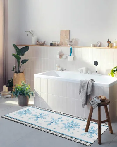 Miniatura 4 de Tapete de baño con diseño de copo de nieve azul para bañera, antideslizante, de secado rápido y absorbente, tierra de diatomeas, para fregadero