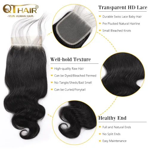 Miniatura 3 de QTHAIR Extensiones de cabello humano brasileño ondulado de grado 18A #613 con cierre de encaje HD 4x4