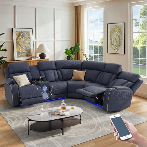 Miniatura 29 de Juego de sofá modular reclinable eléctrico para sala de estar, juego de sofá reclinable de cuero con luces LED / almacenamiento oculto, sofá